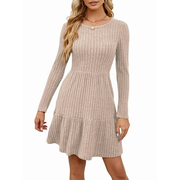 Womens Long Sleeve Fall Short Dress Casual Ribbed Knit Crewneck Flowy A Line Sweater Dresses with Pockets Khaki L