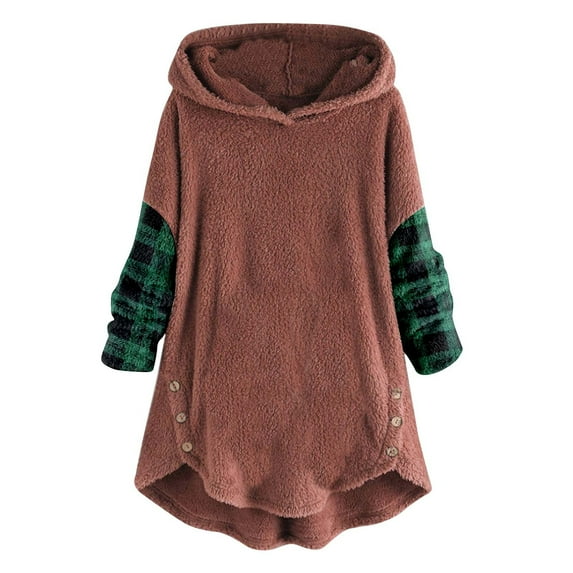 Womens Long Sleeve Fall Tops Cotton Plus Size Tops Women Casual Solid Color Plush Button Long Sleeve Hooded Plush Coat Top