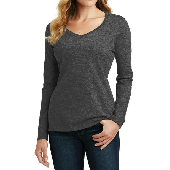 Womens Long Sleeve Fan Favorite Cotton/Polyester V-Neck Tee Dark Heather Grey Large