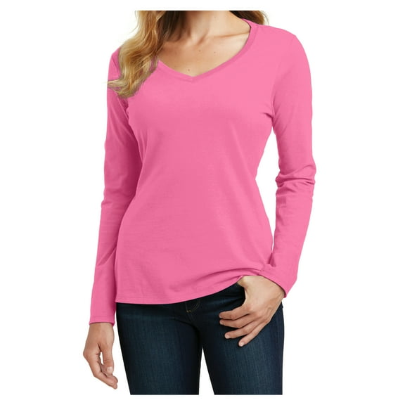 Womens Long Sleeve Fan Favorite Cotton/Polyester V-Neck Tee New Pink Large