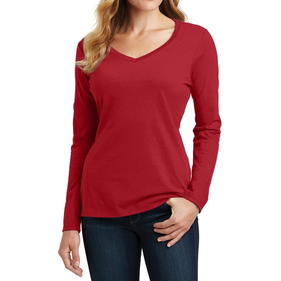 Womens Long Sleeve Fan Favorite Cotton/Polyester V-Neck Tee Team Cardinal X-Small