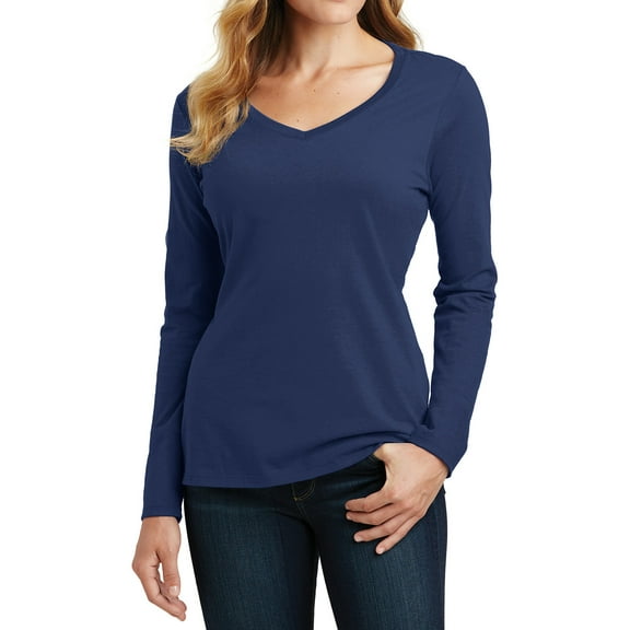 Womens Long Sleeve Fan Favorite Cotton/Polyester V-Neck Tee Team Navy Medium