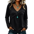 thumbnail image 1 of Womens Long Sleeve Fringe Trim V-Neck Blouse,Casual Loose Fit Boho Tops for Fall Winter Vacation Wear Black S, 1 of 4