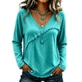 thumbnail image 1 of Womens Long Sleeve Fringe Trim V-Neck Blouse,Casual Loose Fit Boho Tops for Fall Winter Vacation Wear Turquoise XL, 1 of 4