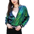 thumbnail image 1 of Womens Long Sleeve Front Zip Track Stripe Sequin Bomber Jacket, Mermaid, Small, 1 of 5
