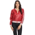 thumbnail image 1 of Womens Long Sleeve Front Zip Track Stripe Sequin Bomber Jacket, Red, Large, 1 of 5