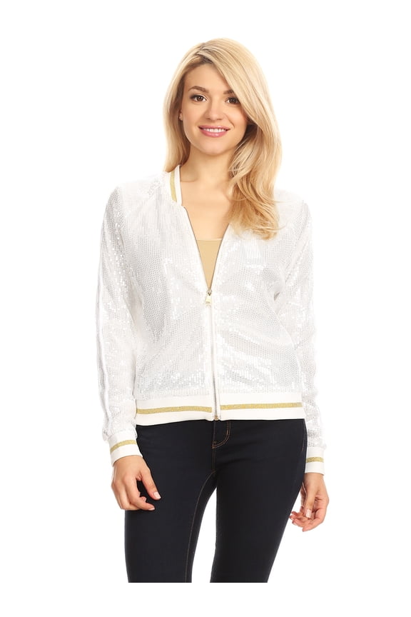 Womens Long Sleeve Front Zip Track Stripe Sequin Bomber Jacket, White, Small