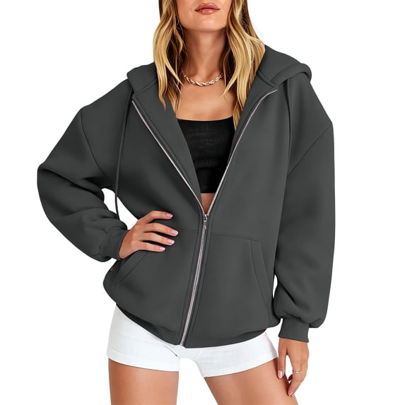 Womens Long Sleeve Full Zip Up Hooded Jackets Oversized Relaxed Fit Hooded Sweatshirts with Pockets Dark Gray M