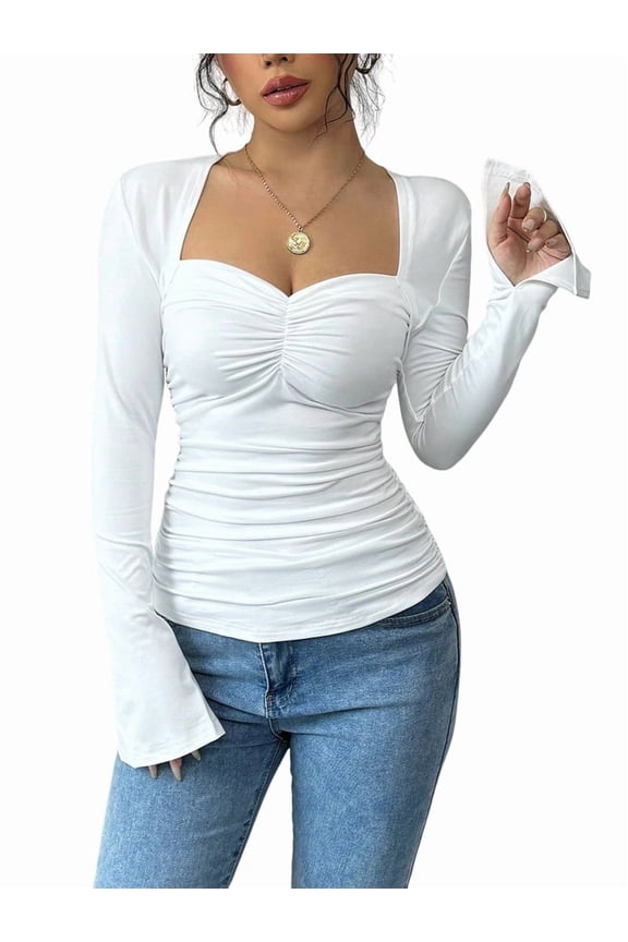 Womens Long Sleeve Going Out Crop Tops Sweetheart Neck Cute Y2k T Shirts Slim Fit Tops White L