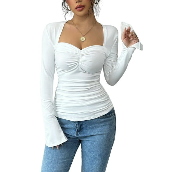 Womens Long Sleeve Going Out Crop Tops Sweetheart Neck Cute Y2k T Shirts Slim Fit Tops White L