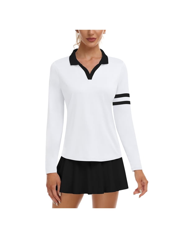 Womens Long Sleeve Golf Shirts UPF 50+ Polo Shirts V Neck Collared Workout Tops Quick Dry Moisture Wicking Athletic Tennis Shirt