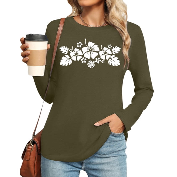 Womens Long Sleeve Graphic T Shirts Plus Size Trendy Loose Fit Floral Printed Tops Fall Crew Neck Going out Basic Tees X_Army Green 0730*women tshirts M