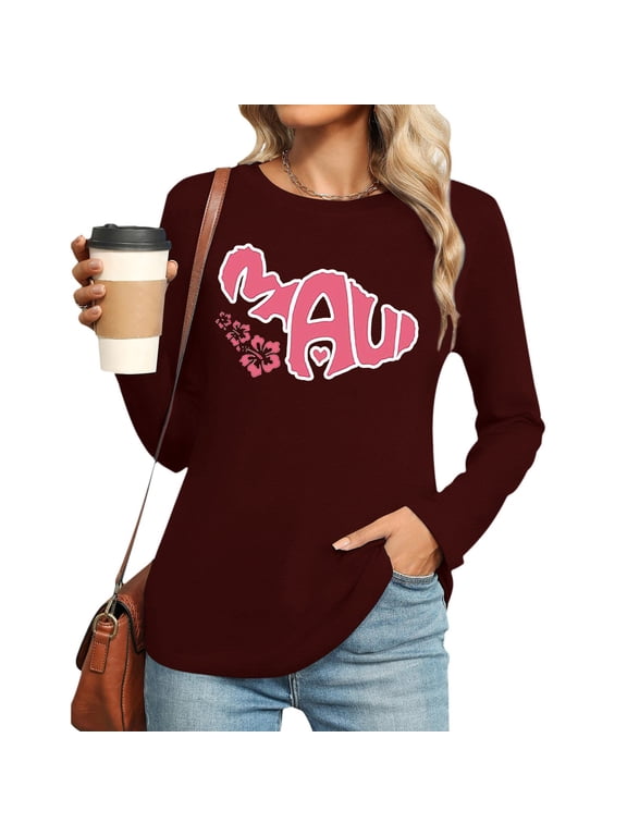 Womens Long Sleeve Graphic T Shirts Plus Size Trendy Loose Fit Letter Printed Tops Fall Crew Neck Going out Basic Tees Y_Wine 0730*women tshirts L