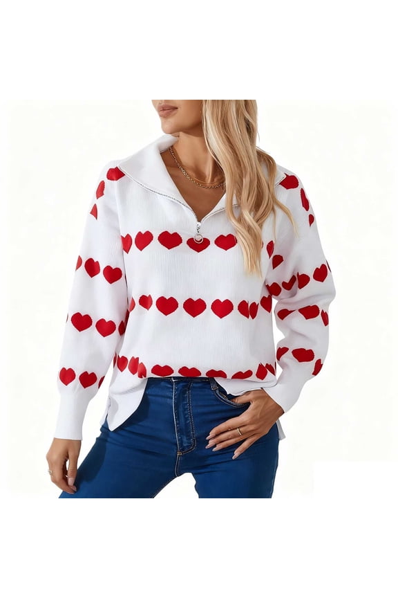 Womens Long Sleeve Half Zip Heart Graphic Embroidered Sweater, Casual Ribbed Knit Tops Pullover Shirts Loose Fit Side Split Tunic Blouses 2026 Summer Vacation