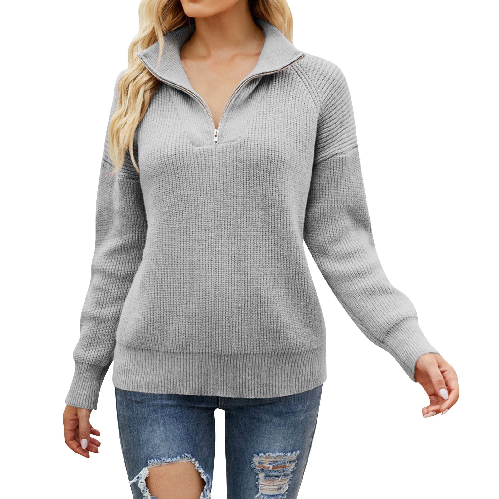 Half Zip Sweater Women Ribbed Knit Fall Fashion Pullover Lapel Casual Loose  Jumper Tops Long Sleeve Soft Solid Color Sweaters