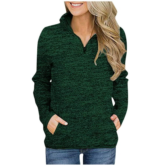 Womens Long Sleeve Half Zipper Tops Quarter Zip Sweatshirt Women Casual Loose Solid Color Pullover Shirt with Pockets (Green 2XL)