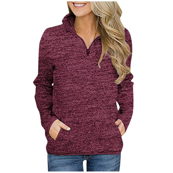 Womens Long Sleeve Half Zipper Tops Quarter Zip Sweatshirt Women Casual Loose Solid Color Pullover Shirt with Pockets (Red XL)