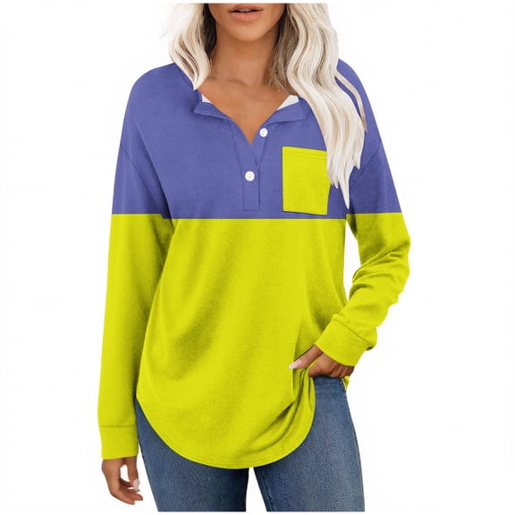 Womens Long Sleeve Henley Shirts Curved Hem Casual Color Block Tunic Tops with Pocket Fall Winter Trendy Clothes, M Yellow