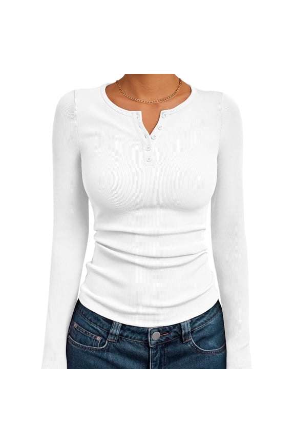 Womens Long Sleeve Henley Shirts Fall Winter Ribbed Thermal Tops Casual Blouses Basics Tees Cute Sweaters White 2XL