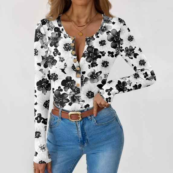 Womens Long Sleeve Henley Shirts Floral Printed Slim Fit Tops 2025 Casual Fashion Outfits Basic Trendy T-Shirts Soft Clothing