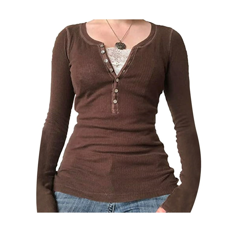 Womens Long Sleeve Henley Tops Casual Button Up Tunic Blouse Shirt Ribbed  Slim Fit Shirts Y2K Lace Patchwork Pullover 