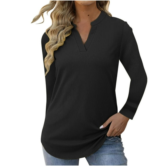 Womens Long Sleeve Henley Tops, Women Casual Solid Blouse V Neck Tunic Tops Ribbed Waffle Knit Loose Fit Shirts