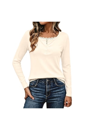Womens Long Sleeve Henley Tshirts Trendy Button up Sim Fit Tops Ladies Casual Fall Lace Trim Going out Tees OTHER 0724*tshirts S