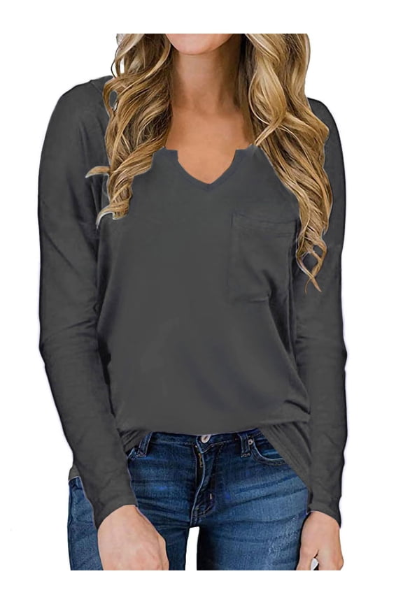 Womens Long Sleeve Henley V Neck Tunic Tops Loose Pocket Shirt Blouse Relaxed Fit Pullover