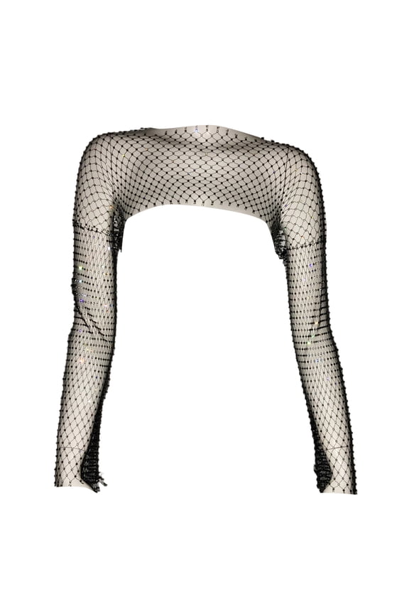 Womens Long Sleeve Hollow Out Fishnets Crop Top Aesthetic Shinning Rhinestones Boleros Shrug Sheer Cover Up Shirt