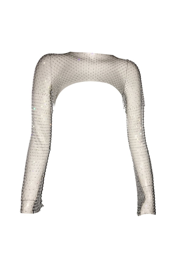 Womens Long Sleeve Hollow Out Fishnets Crop Top Aesthetic Shinning Rhinestones Boleros Shrug Sheer Cover Up Shirt