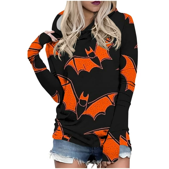 Womens Long Sleeve Hooded Tops Halloween Fashion Loose Casual Sweatshirts Lightweight Pullover Festival Outfits Orange, S