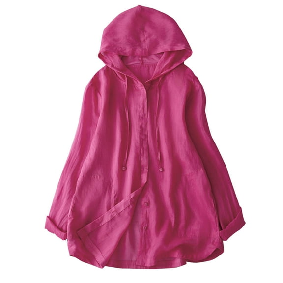 Womens Long Sleeve Hoodies Cardigan Lightweight Linen Shirt Tops Loose Casual Button Down Hooded Blouse Pink, XL