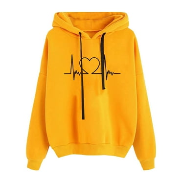 Womens Long Sleeve Hoodies Heart Print Solid Color Hooded Pullover Trendy Casual Sweatshirts with Pocket