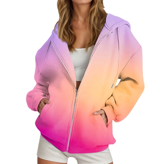 Womens Long Sleeve Hoodies Zipper Up Gradient Print Hooded Sweatshirt Fall Casual Comfy Y2k Jackets Winter Clothes