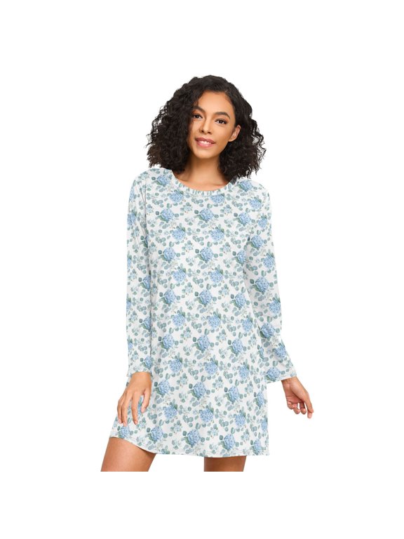 Womens Long Sleeve Hydrangea Eucalyptus Leaves Printed Nightgown Loose Round Neck A-Line Sleep Shirt Dress Casual Above Knee Loungewear