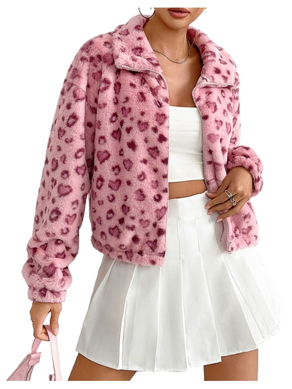 Womens Long Sleeve Jacket Coat for Womens Zip Up Warm Winter Heart Pattern Print High Collar Jacket Causal Wear Cogild
