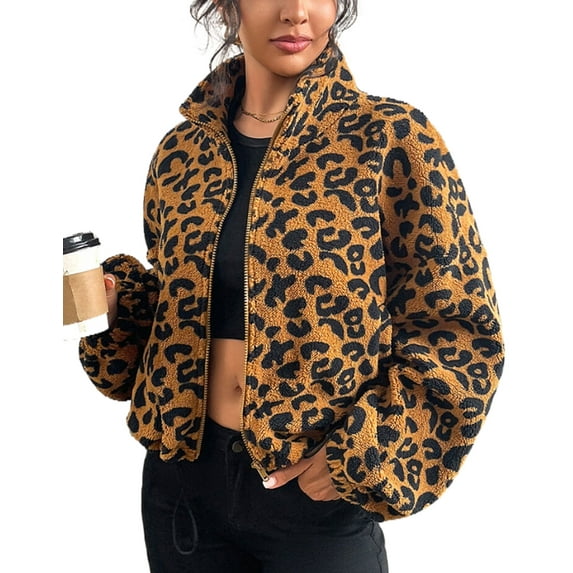 Womens Long Sleeve Jacket Coat for Womens Zip Up Warm Winter Leopard Spots Print High Collar Jacket Causal Wear Cogild