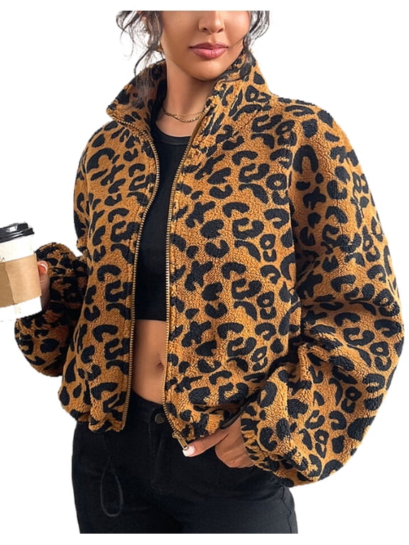 Womens Long Sleeve Jacket Coat for Womens Zip Up Warm Winter Leopard Spots Print High Collar Jacket Causal Wear Cogild