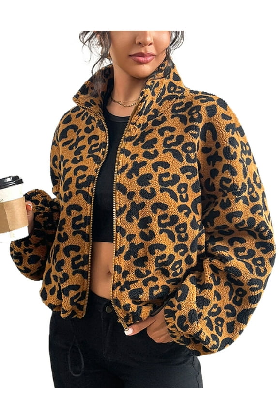 Womens Long Sleeve Jacket Coat for Womens Zip Up Warm Winter Leopard Spots Print High Collar Jacket Causal Wear Cogild