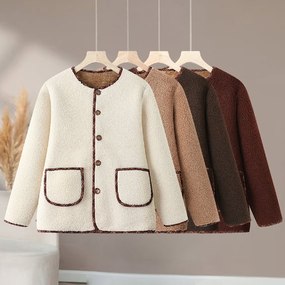 Womens Long Sleeve Jackets Oversized Fuzzy Sherpa Fleece Jacket Button up Fall Fashion Outerwear with Pocket