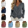 thumbnail image 1 of Womens Long Sleeve Jackets V Neck Button Soft Textured Shirts Solid Color Breathable Warm Blouses, 1 of 6