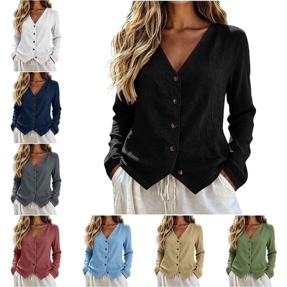 Womens Long Sleeve Jackets V Neck Button Soft Textured Shirts Solid Color Breathable Warm Blouses