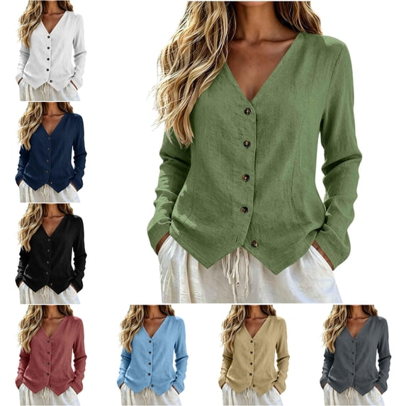 Womens Long Sleeve Jackets V Neck Button Soft Textured Shirts Solid Color Breathable Warm Blouses