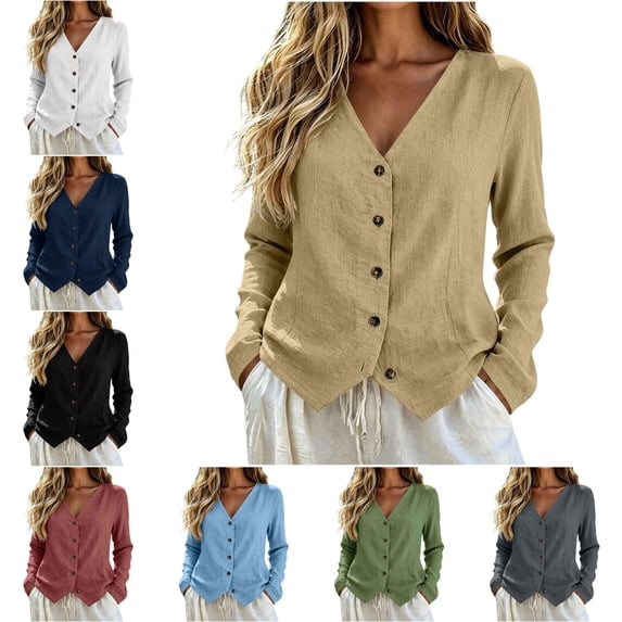 Womens Long Sleeve Jackets V Neck Button Soft Textured Shirts Solid Color Breathable Warm Blouses