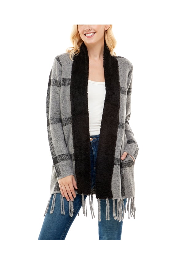 Womens Long Sleeve Jacquard Cardigan With Sherpa Detail Fringe Sweater Gray Windowpane L