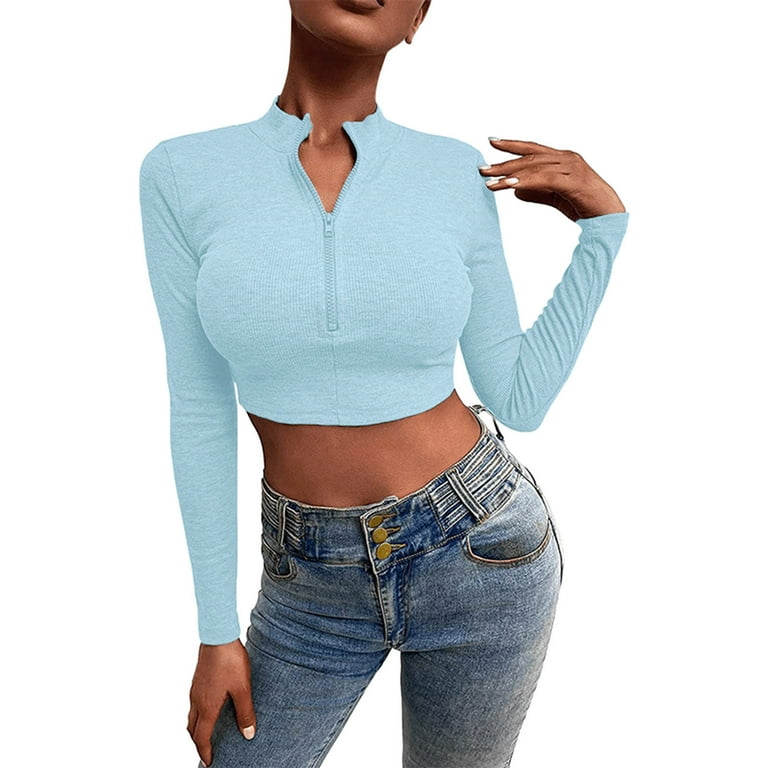 Womens Long Sleeve Knit Ribbed Crop Top Ruched Front Zipper Stand Collar Tees Shirt Summer Tops for Women Short Sleeve T Shirts Men Folk Clothing