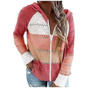 Womens Long Sleeve Knit Sweater Jacket Zip Up Hoodie Coat Lightweight Drawstring Color Block Spring Fall Sweatshirt