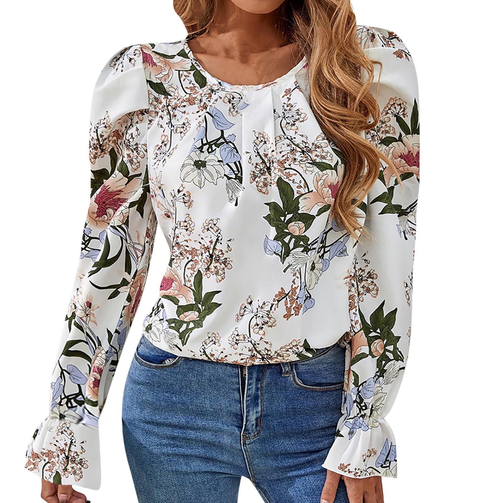  Womens Tops Fashion Floral Print Long Sleeve Comfy Shirt Cute  Tops Vintage Oversized Round Neck Pullover Flowy Blouse : Clothing, Shoes &  Jewelry