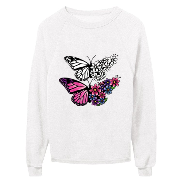 Womens Long Sleeve Knit Tops Round Neck Women's Butterfly Print O