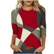 Womens Long Sleeve Knit Tops Round Neck Women's Casual Round Neck 3/4 Sleeve Printed Loose Shirt Blouse Tops Printed Pullover Sweatshirt Tops Stripe Button Blouse Summer Saving Clearance Pullover
